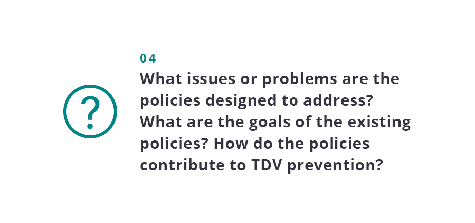What issues or problems are the policies designed to address? What are the goals of the existing policies? How do the policies contribute to TDV prevention?